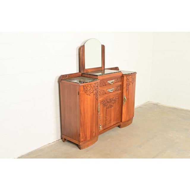 Louis Majorelle French Art Deco Carved Walnut Marble Top Sideboard or Bar Cabinet, Circa 1930s For Sale - Image 4 of 13