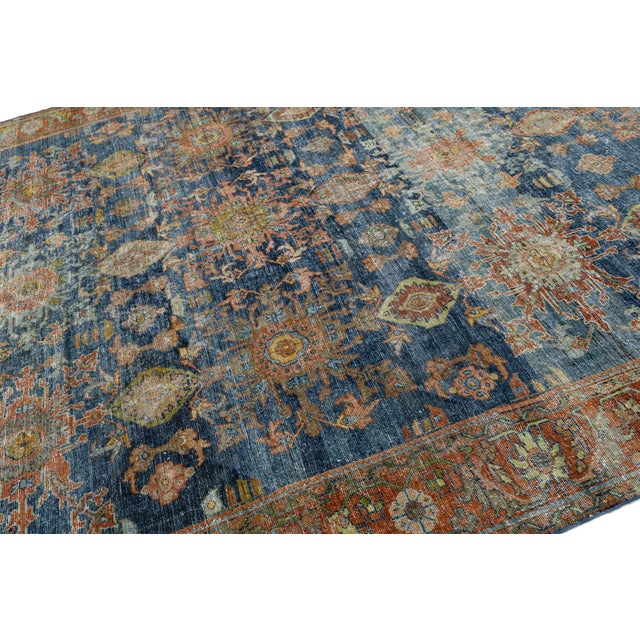 Antique Mahal Rug With Distressed Indigo Blue and Terracotta Field For Sale In New York - Image 6 of 11