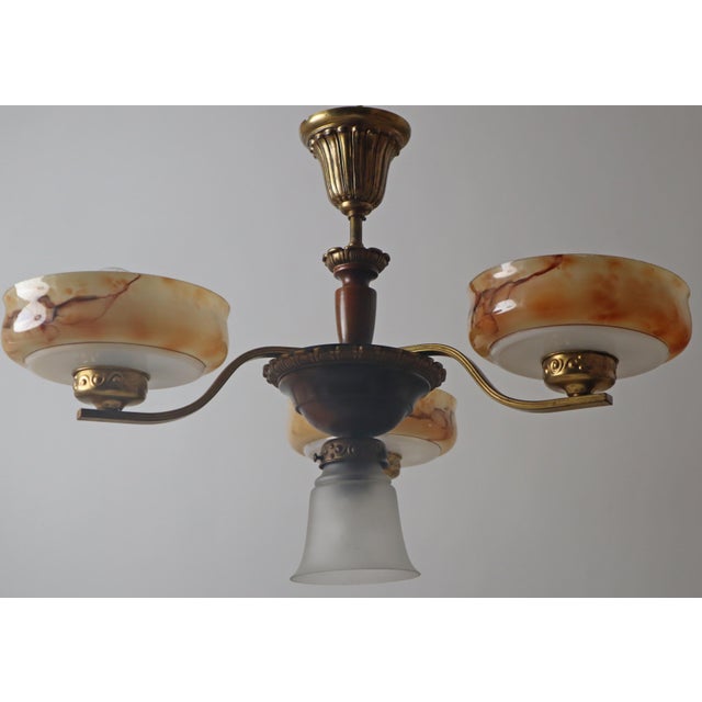 Metal Danish Art Deco Chandelier with Alabaster-Look Glass Bowls For Sale - Image 7 of 18