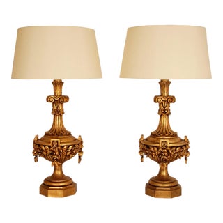 Italian Lamps XL Carved Giltwood Gold Neoclassical Urn Vases Table Lamps - A Pair For Sale