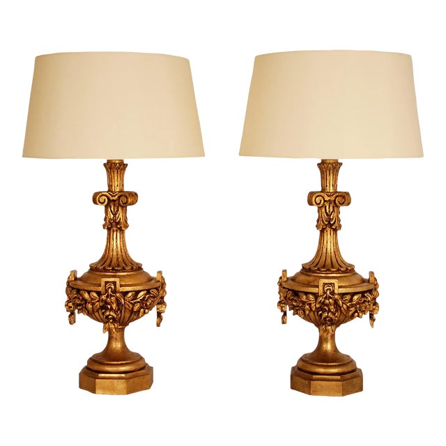 Italian Lamps XL Carved Giltwood Gold Neoclassical Urn Vases Table Lamps - A Pair For Sale