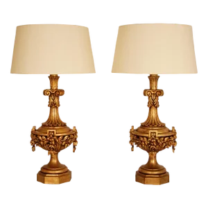 Italian Lamps XL Carved Giltwood Gold Neoclassical Urn Vases Table Lamps - A Pair Tariff Free Delivery