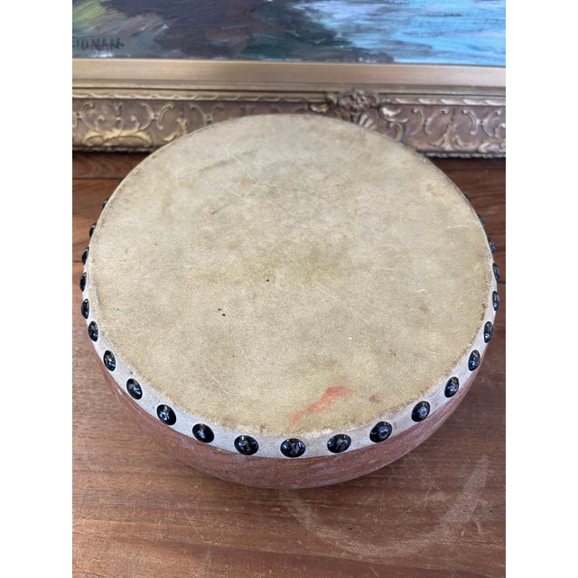Brown Vintage Handcrafted Drum With Metal Stud Detailing For Sale - Image 8 of 9