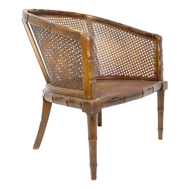Vintage Regency Style Faux Bamboo Wood and Cane Tub Chair For Sale