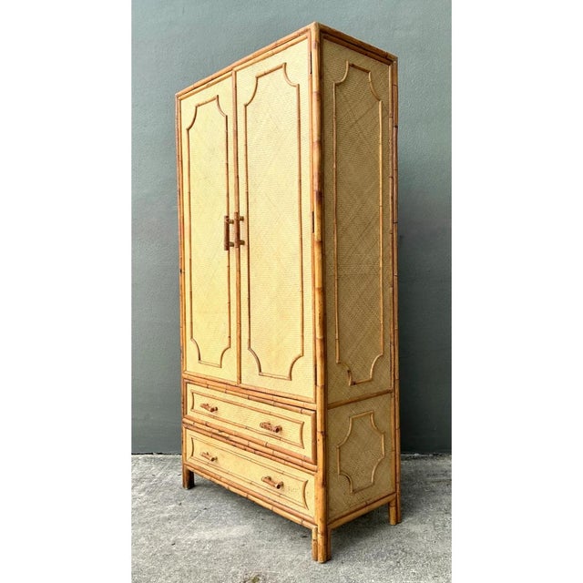 Vintage Notched Bamboo and Rattan Armoire For Sale - Image 10 of 12
