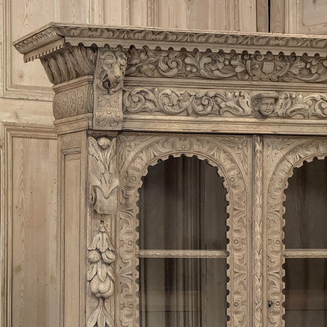 Sand 19th Century French Renaissance Revival Carved Bookcase in Stripped Oak For Sale - Image 8 of 18