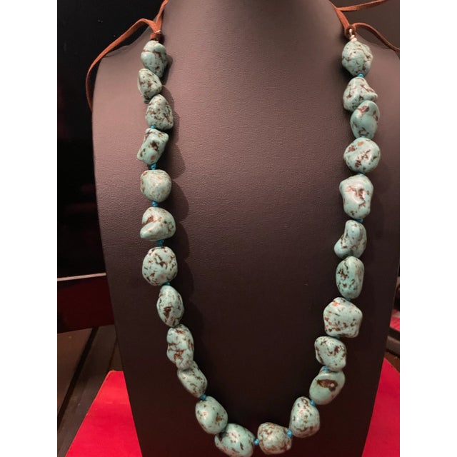 Gemstone Necklace Natural Turquoise, Double Knotted on Green Silk, Leather Extension Clasp. For Sale In South Bend - Image 6 of 6
