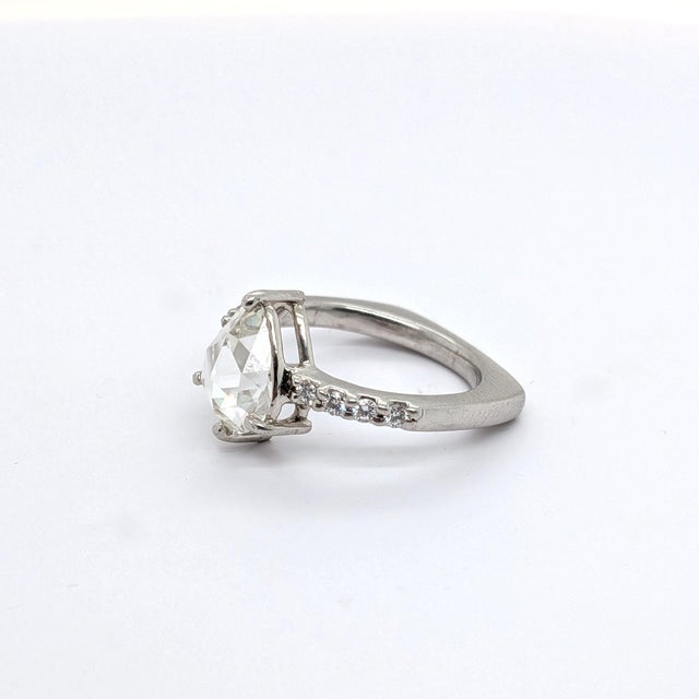Contemporary Platinum Pear Shaped Rose-Cut Diamond Ring With European Shank - Size ~3.5 For Sale - Image 3 of 9