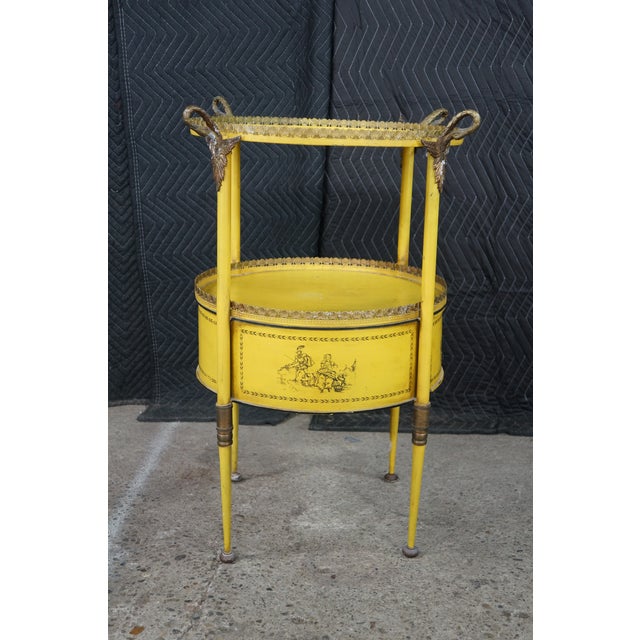 Yellow 19th C French Yellow Toleware Tiered Tray Table Stand Chinoiserie Pastoral Scene For Sale - Image 8 of 18