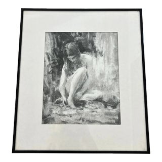 Framed Black and White Nude Study Pastel and Ink Drawing For Sale
