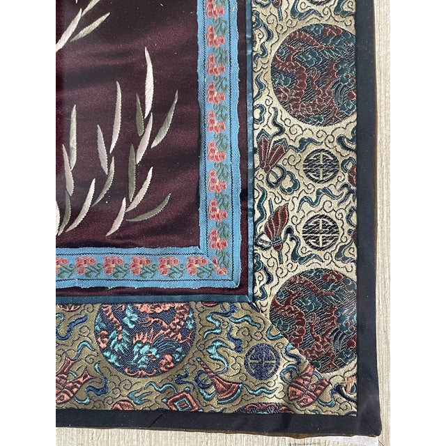 Textile Three Antique Chinese Chinoiserie Embroidered Silk Oanels Framed For Sale - Image 7 of 11