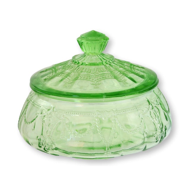 Art Deco Cameo Green Depression Uranium Glass Candy Jar For Sale - Image 3 of 3