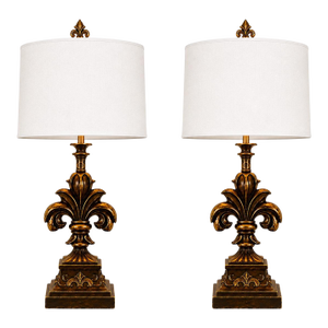 Late 20th Century Pair of French Provincial Gilded Fleur-De-Lis Lamps With Tailored White Linen Shades