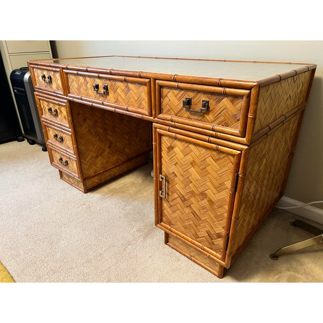 English Mid 20th Century British Colonial Style Faux Bamboo and Reed Desk For Sale - Image 3 of 11
