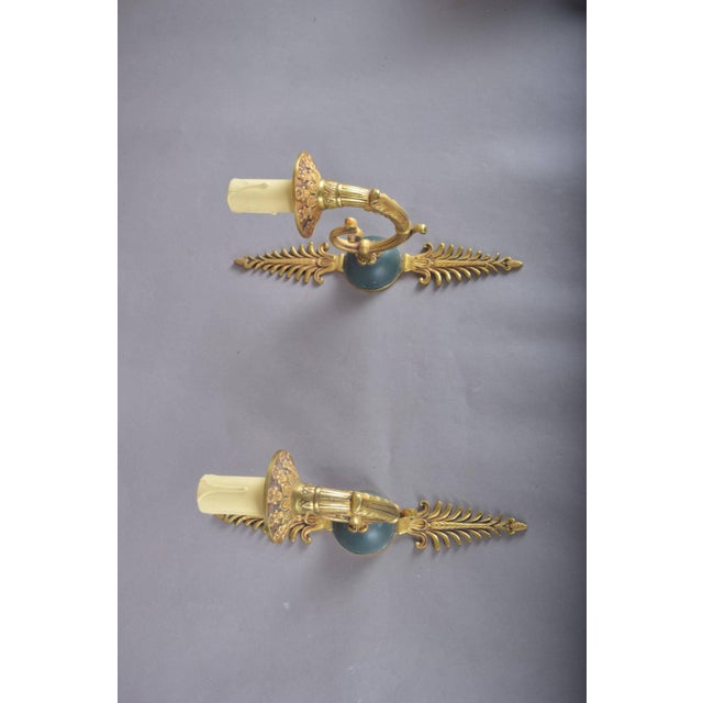 Gilded Brass Scroll-Arm Wall Sconces with Teal Details, 1950s, Set of 2 For Sale - Image 9 of 12