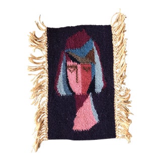 Mid Century Modern Abstract Modernist Hand Woven Small Female Portrait Weaving For Sale