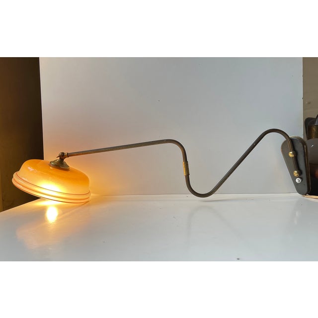 Mid-Century Modern Modern Danish Adjustable Brass Swing Arm Wall Light with Striped Glass Shade, 1960s For Sale - Image 3 of 12