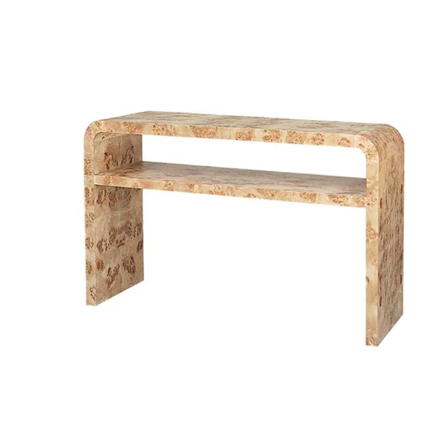 Our mid-century modern, waterfall console table stands out in a crowd. Arcing silhouette and rich, book-matched burl...