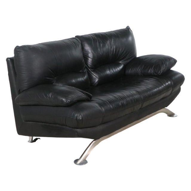 Nicoletti Black Modern Leather Loveseat For Sale - Image 4 of 11