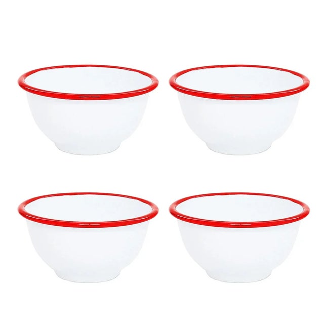 Crow Canyon Home Enamelware, Vintage Small 14 oz. Footed Bowls in White with Red Rim - Set of 4 For Sale In San Francisco - Image 6 of 6