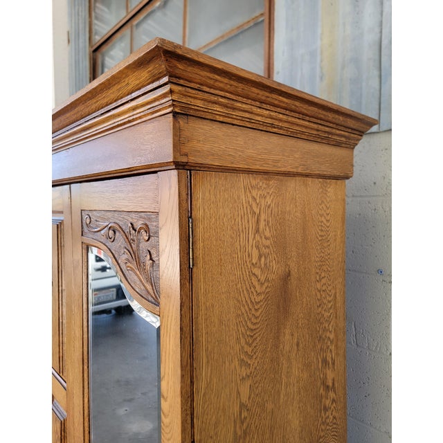 Antique Armoire / Wardrobe English Oak With Beveled Mirror Doors For Sale - Image 15 of 18