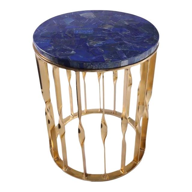 Unique Lapis Lazuli Gemstone Luxe Roound Side Table With Designer Brass Finish Base For Sale
