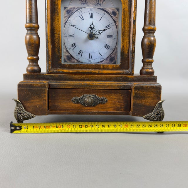 Vintage Table Clock Support Pendulum Temple Wood Columns Drawer For Sale - Image 9 of 11