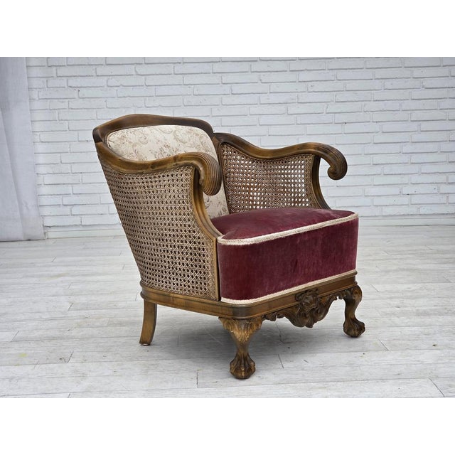 1940s, Danish armchair. Original woven furniture wool, red furniture velour, furniture mesh, carved oak wood, springs in...