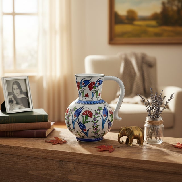 Handmade Ceramic Pitcher Vase (20cm) Classic Red Carnation and Blue Tulip For Sale - Image 9 of 12