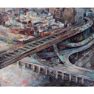 A Level of Organization by Josh George | Mixed media on wood panel Cityscape with highways and buildings For Sale