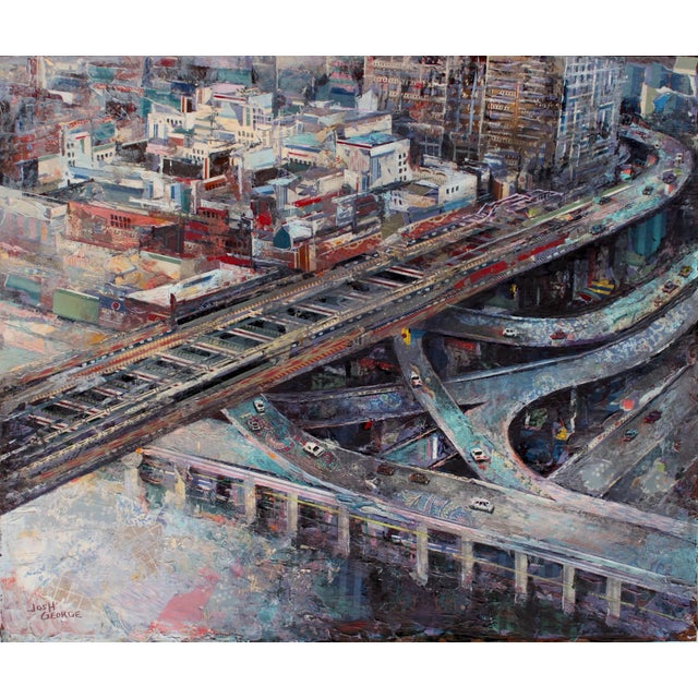 A Level of Organization by Josh George | Mixed media on wood panel Cityscape with highways and buildings For Sale