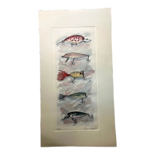 Contemporary Fishing Lures Hand Colored Etching Print For Sale