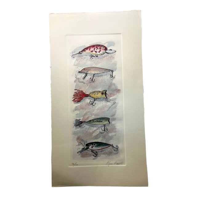 Contemporary Fishing Lures Hand Colored Etching Print For Sale