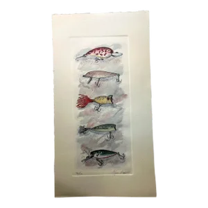 Contemporary Fishing Lures Hand Colored Etching Print