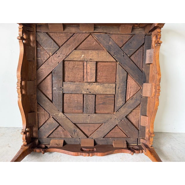 1960s French Provincial Louis XV–Style Hollywood Regency Carved Oak Parquetry Coffee Table For Sale - Image 13 of 14