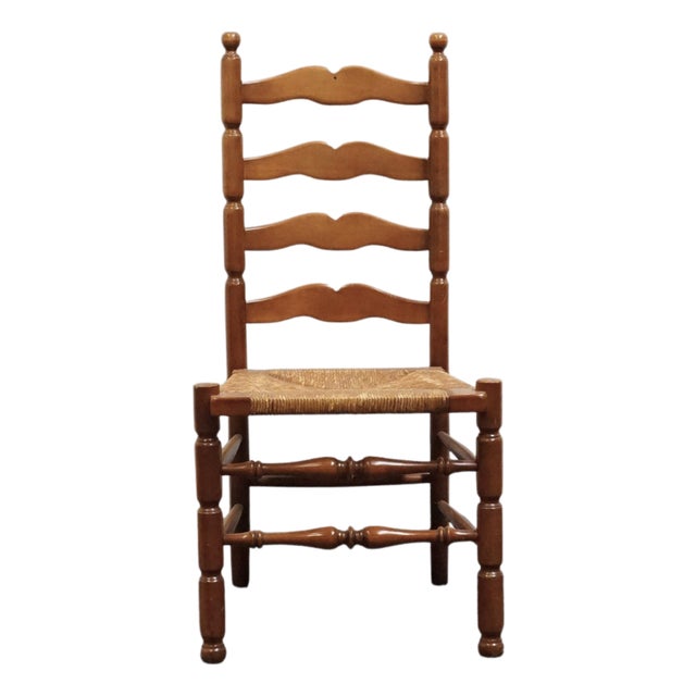 Statton Furniture Solid Hard Rock Maple Colonial Early American Ladder Back Dining Side Chair W. Rush Seat For Sale