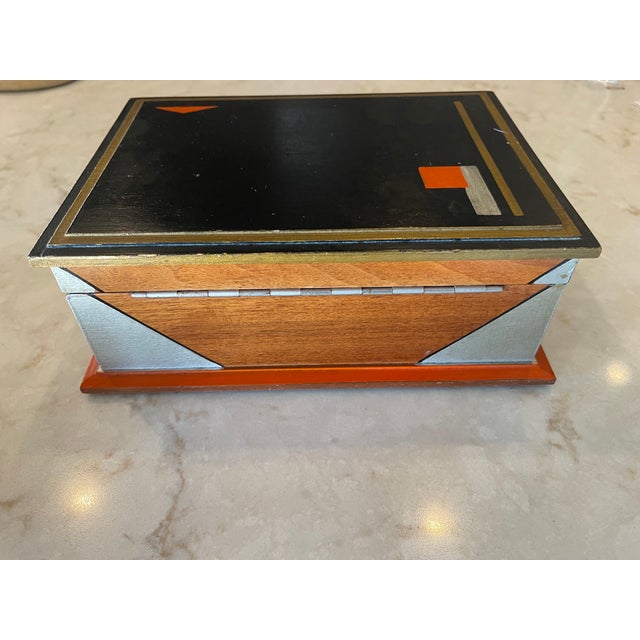 Black 1930s Paul Frankl Style Art Deco Lidded Hand-Painted Geometric Cigar Box Jewelry Box For Sale - Image 8 of 8