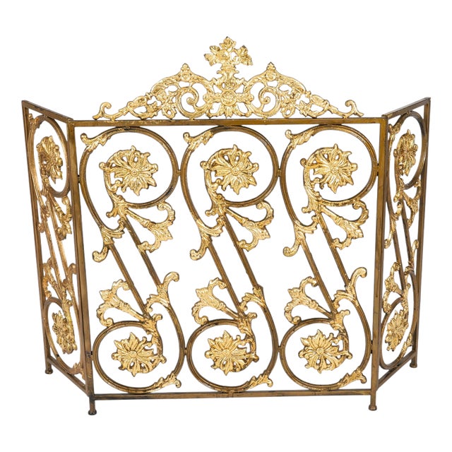 Antique Louis XIV Revival French Brass Fire Screen For Sale