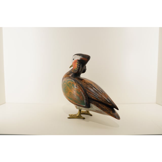Brown 1960s Standing Hand-Painted Wooden Bird Decorative Sculpture For Sale - Image 8 of 16