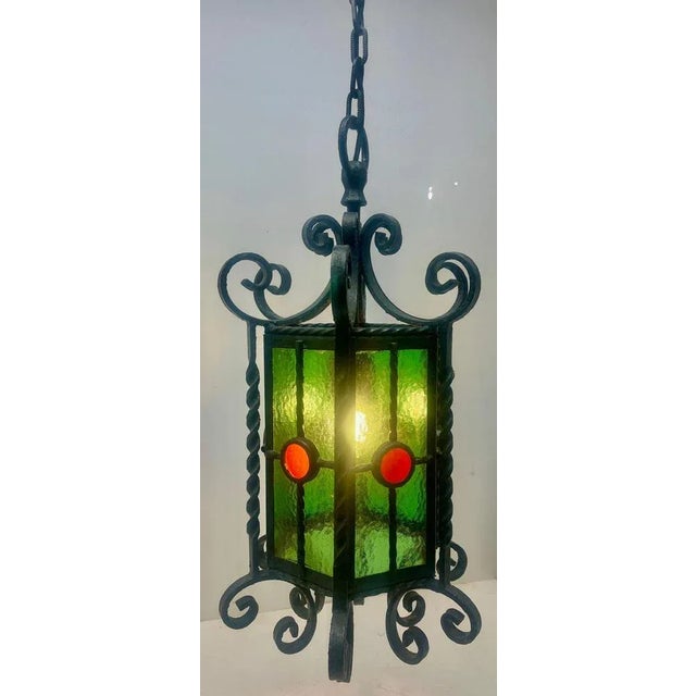 Arts & Crafts Forget and Colored Glass Pendant Lobby Lamp, 1930s For Sale - Image 3 of 11