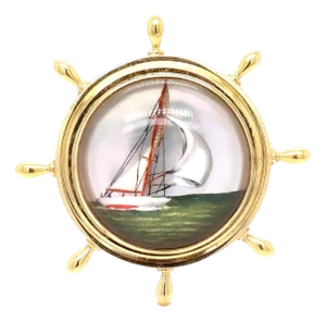 14k Gold & Essex Crystal Figural Ship's Wheel Brooch With a Sailboat at Sea