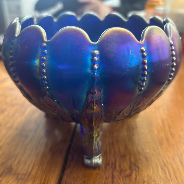 1910s 1910s Electric Blue Northwood Carnival Glass Rose Bowl in Leaf and Beads Pattern For Sale - Image 5 of 6