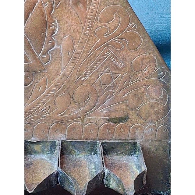 Rare 19thC Moroccan Brass Hanukkah Menorah Hand-Repoussé Maghrebi Judaica Oil For Sale - Image 15 of 17