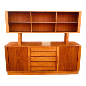 1970s Danish Mid-Century Modern Teak Tambour Credenza Sideboard With Floating Hutch