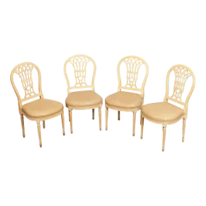 French Louis XVI Style Set 4 White Washed Dining Room Chairs