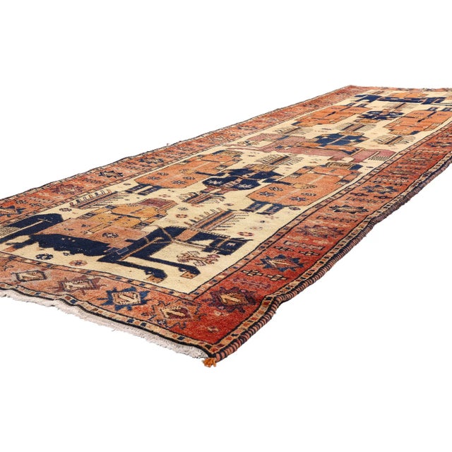 61539 Antique Persian Shiraz Pictorial Rug, 04'07 x 13'03. Step into the woven epic of Persian romance with this rare and...