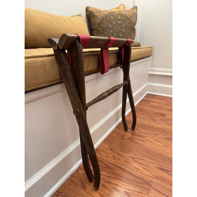 Mid Century Adirondack Style Red Canvas Strap Wooden Collapsible Luggage Rack For Sale - Image 10 of 10