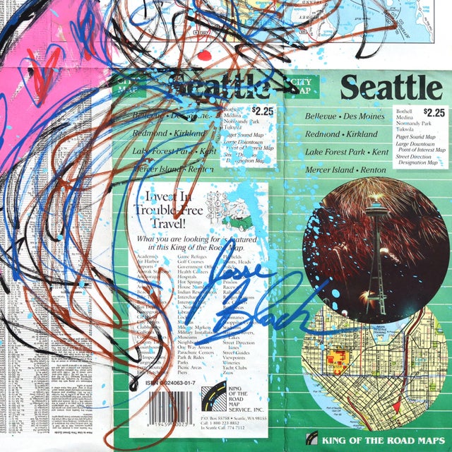 2020s Pink Darling - Western-Inspired Acrylic Artwork on Original Paper Map of Seattle by Jesse Black For Sale - Image 5 of 6