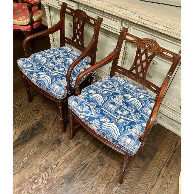 Pair of Regency Style Mahogany Armchairs With Blue and White Chinoiserie Cushions For Sale - Image 11 of 11