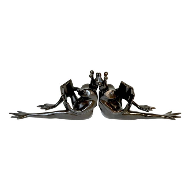 Pair Patinated Bronze Reclining Frog Prince Reading Book Bookends, Late 20th C. For Sale
